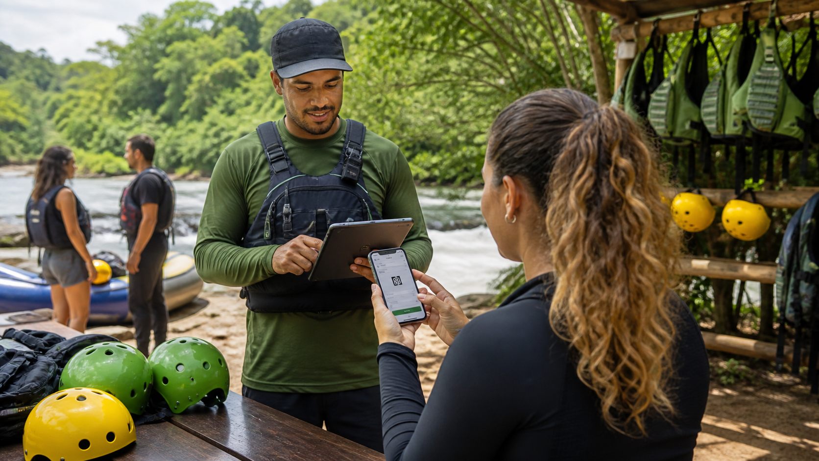 Operação de turismo de aventura usando celular e tablet para organizar participantes