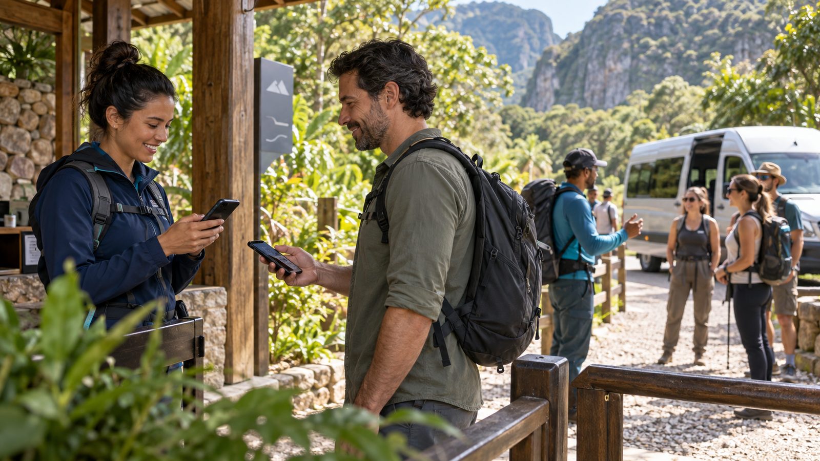 Profissional de um atrativo validando o voucher digital de um visitante pelo celular