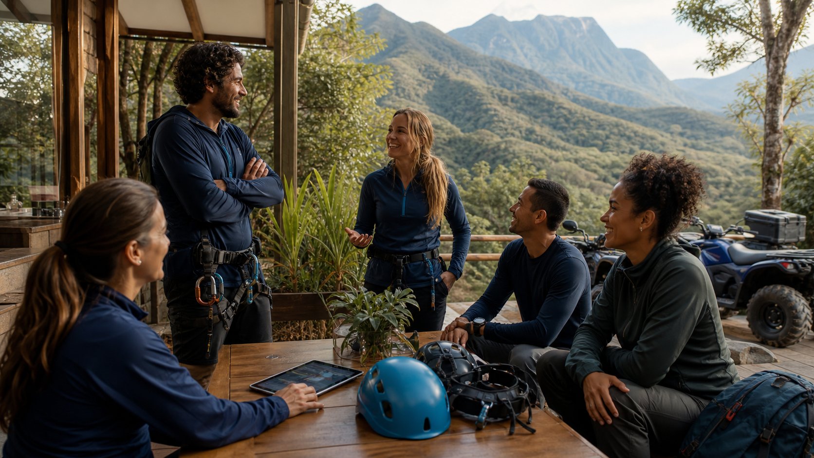 Equipe de profissionais de turismo de aventura reunida em uma base de operações na natureza